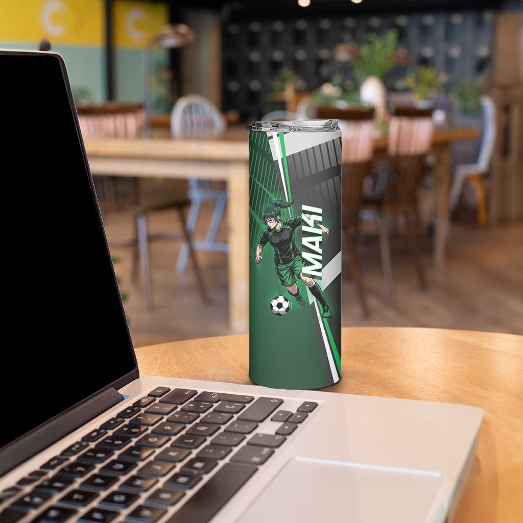 Personalized Maki Zenin Jujutsu Kaisen Skinny Tumbler Anime Soccer Design, Green Monochrome Action Pose