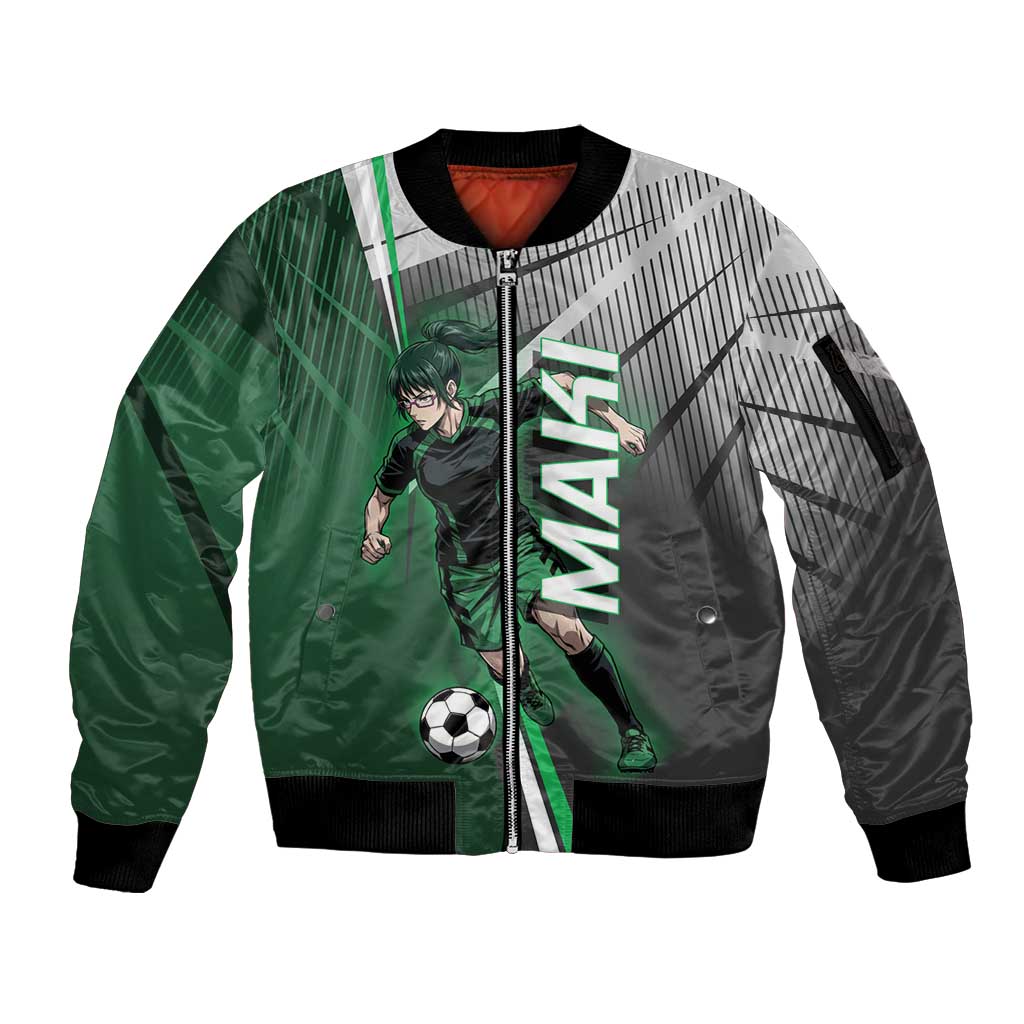 Personalized Maki Zenin Jujutsu Kaisen Sleeve Zip Bomber Jacket Anime Soccer Design, Green Monochrome Action Pose