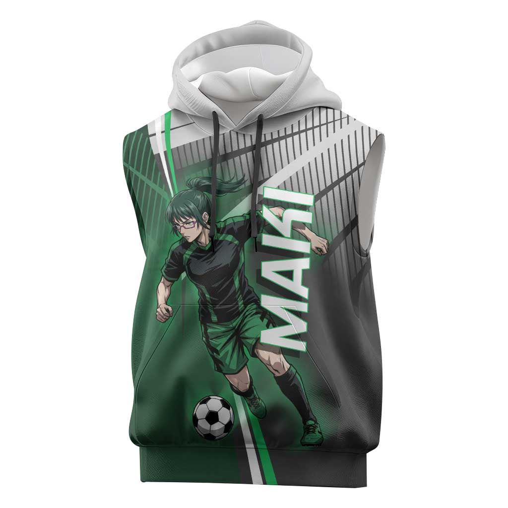 Personalized Maki Zenin Jujutsu Kaisen Sleeveless Hoodie Anime Soccer Design, Green Monochrome Action Pose