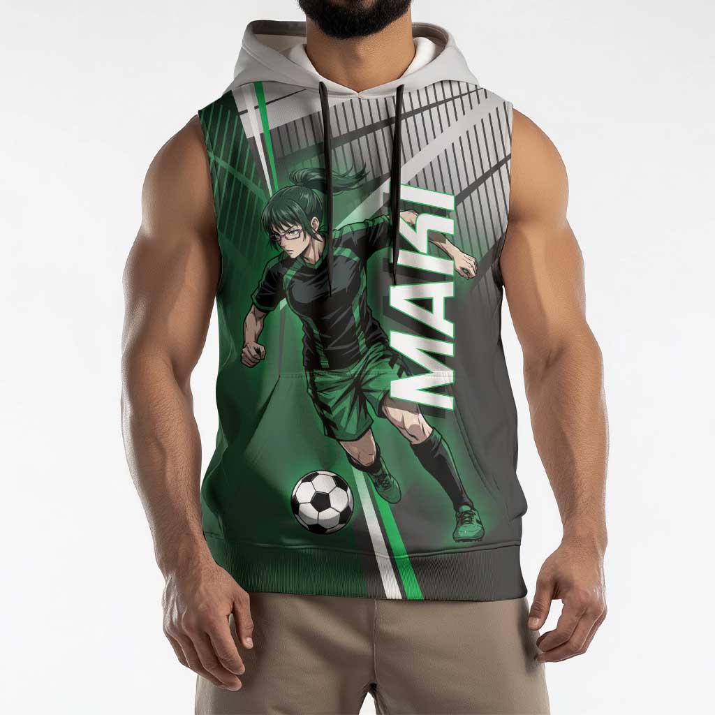 Personalized Maki Zenin Jujutsu Kaisen Sleeveless Hoodie Anime Soccer Design, Green Monochrome Action Pose