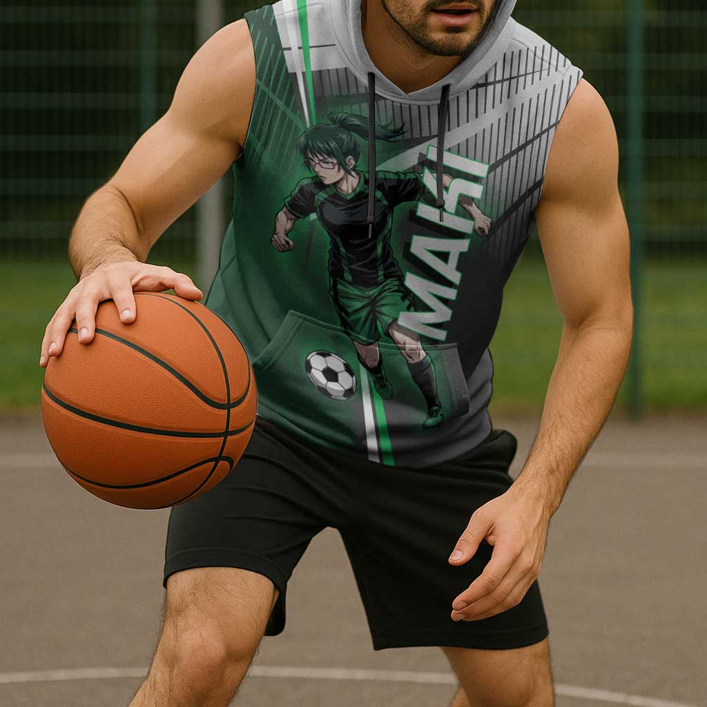 Personalized Maki Zenin Jujutsu Kaisen Sleeveless Hoodie Anime Soccer Design, Green Monochrome Action Pose