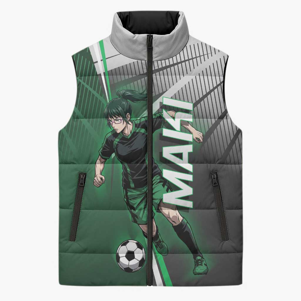 Personalized Maki Zenin Jujutsu Kaisen Sleeveless Puffer Jacket Anime Soccer Design, Green Monochrome Action Pose