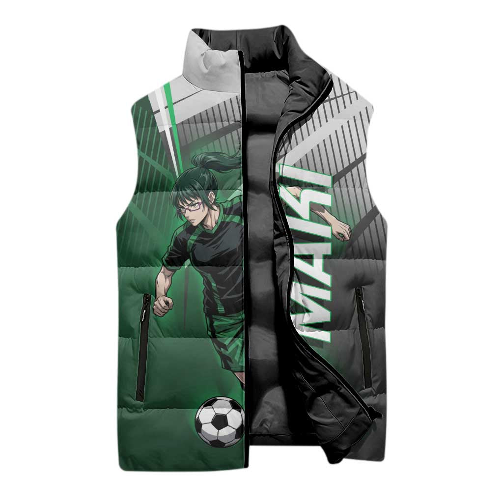 Personalized Maki Zenin Jujutsu Kaisen Sleeveless Puffer Jacket Anime Soccer Design, Green Monochrome Action Pose