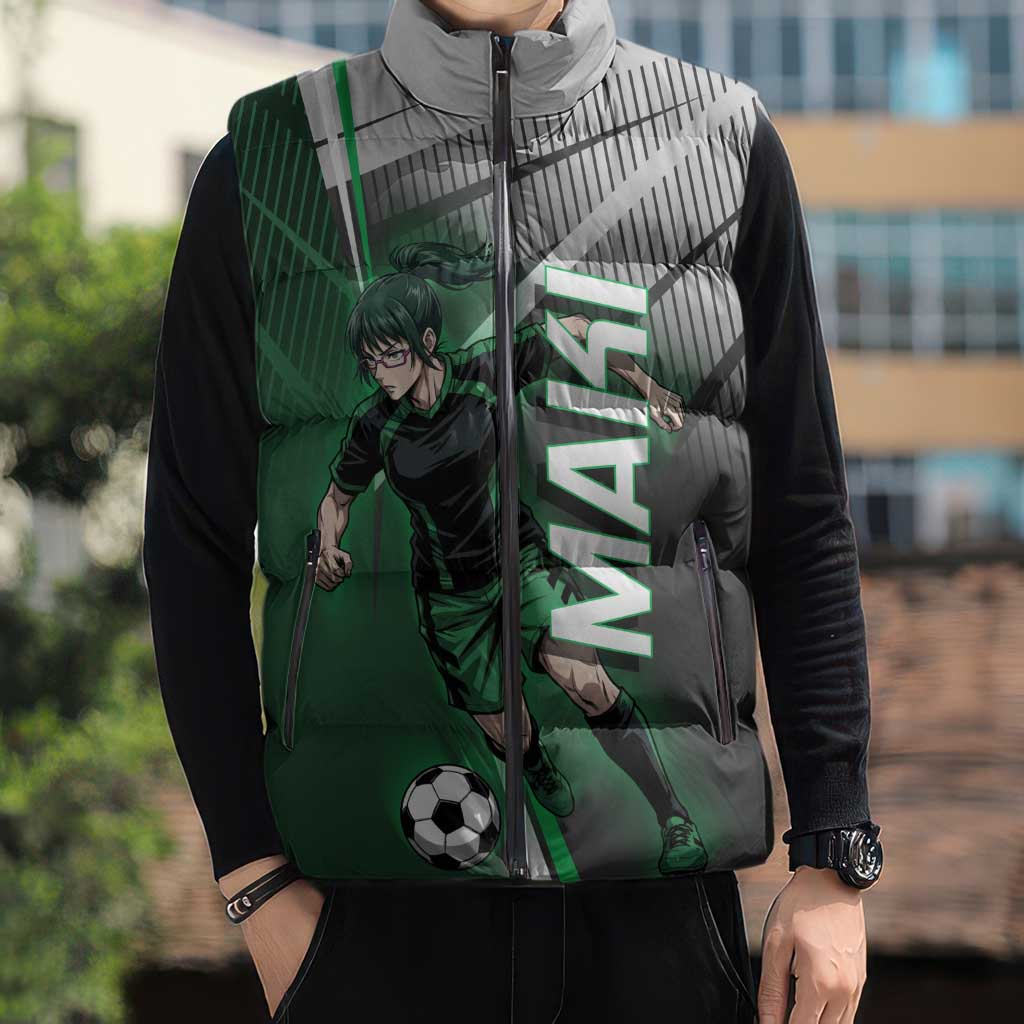 Personalized Maki Zenin Jujutsu Kaisen Sleeveless Puffer Jacket Anime Soccer Design, Green Monochrome Action Pose