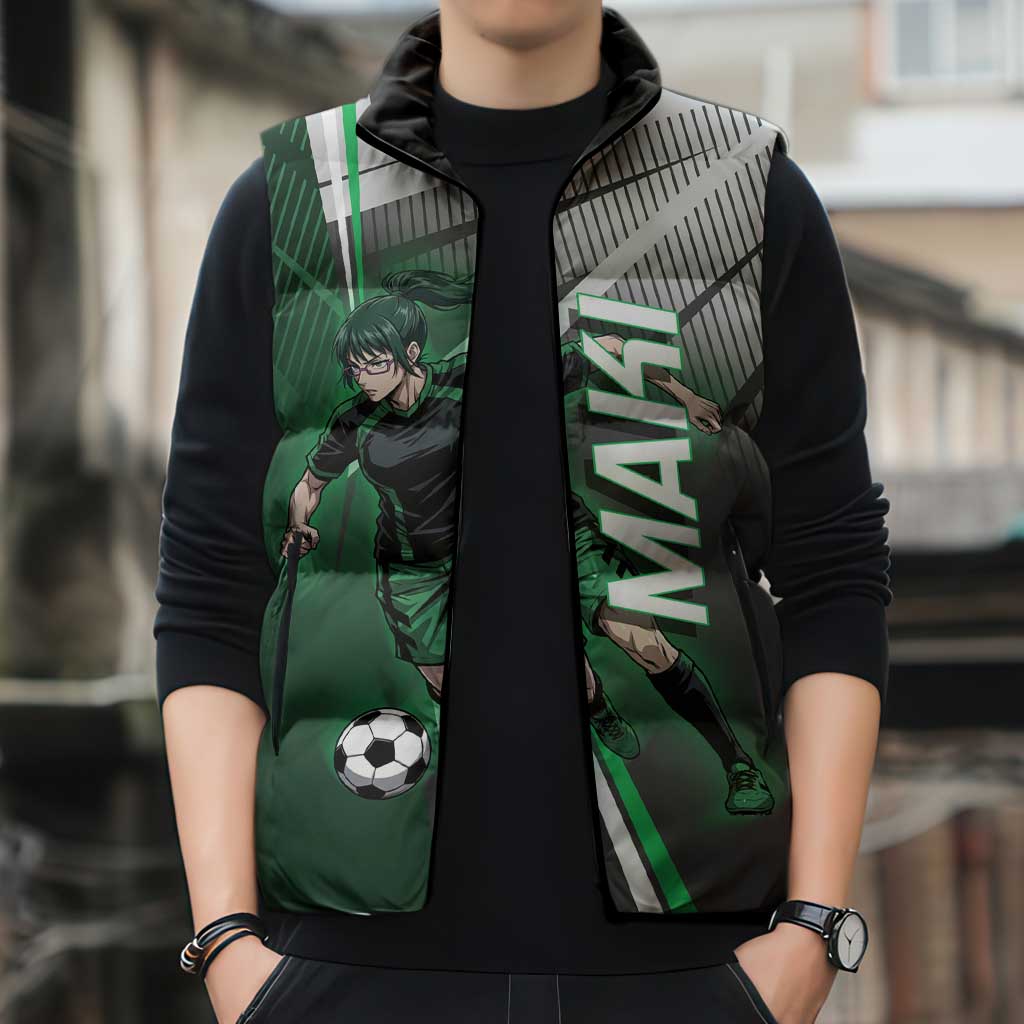 Personalized Maki Zenin Jujutsu Kaisen Sleeveless Puffer Jacket Anime Soccer Design, Green Monochrome Action Pose