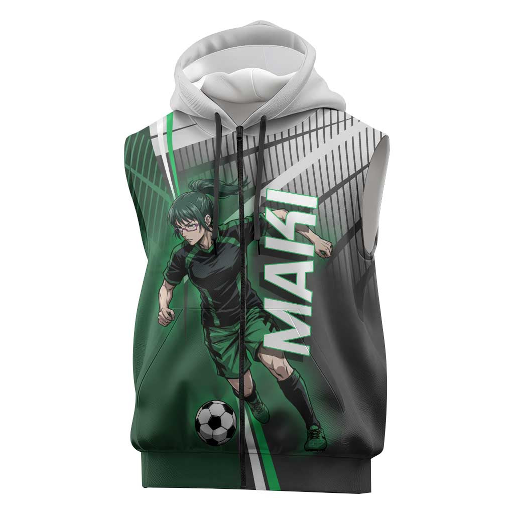 Personalized Maki Zenin Jujutsu Kaisen Sleeveless Zip Hoodie Anime Soccer Design, Green Monochrome Action Pose