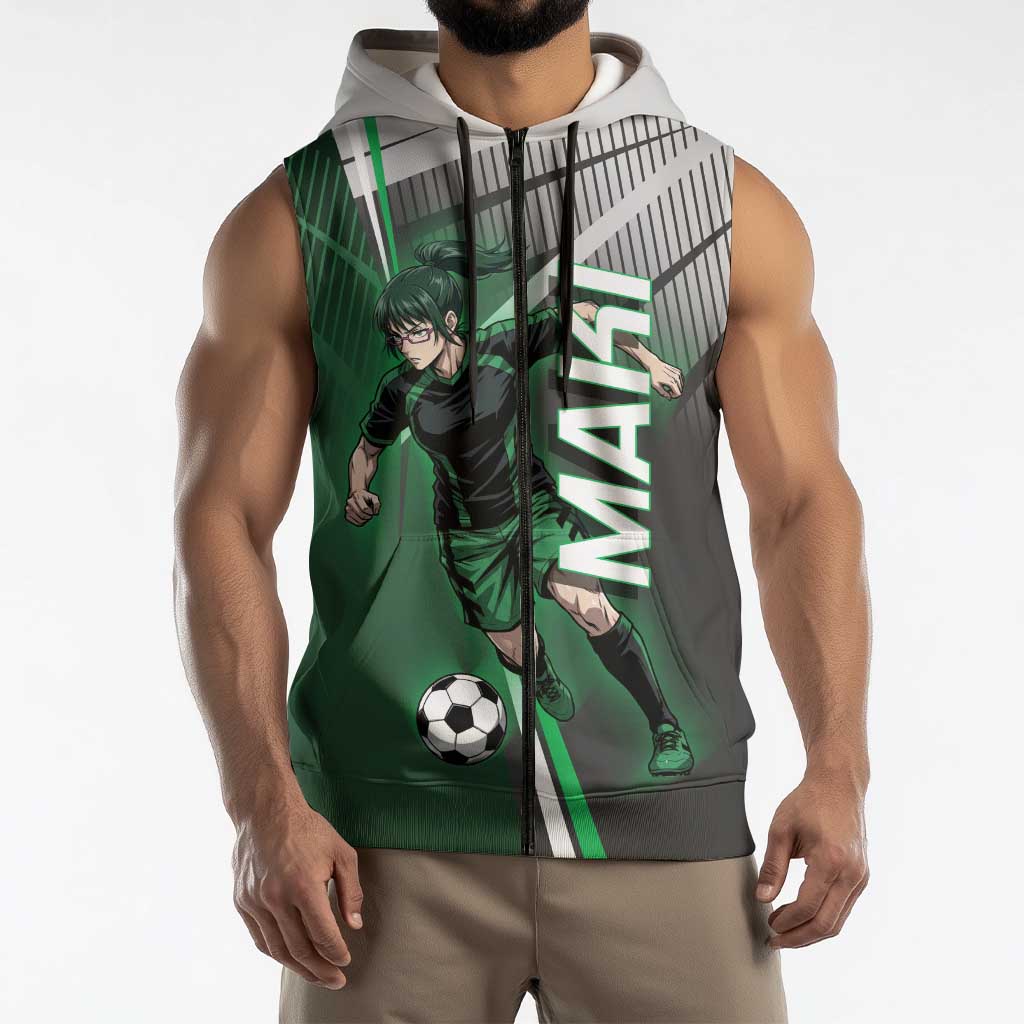 Personalized Maki Zenin Jujutsu Kaisen Sleeveless Zip Hoodie Anime Soccer Design, Green Monochrome Action Pose