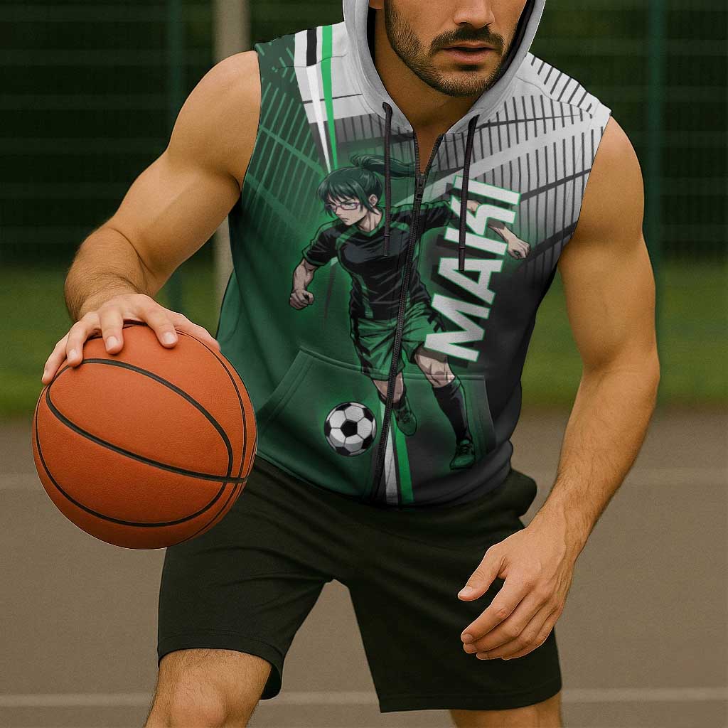 Personalized Maki Zenin Jujutsu Kaisen Sleeveless Zip Hoodie Anime Soccer Design, Green Monochrome Action Pose