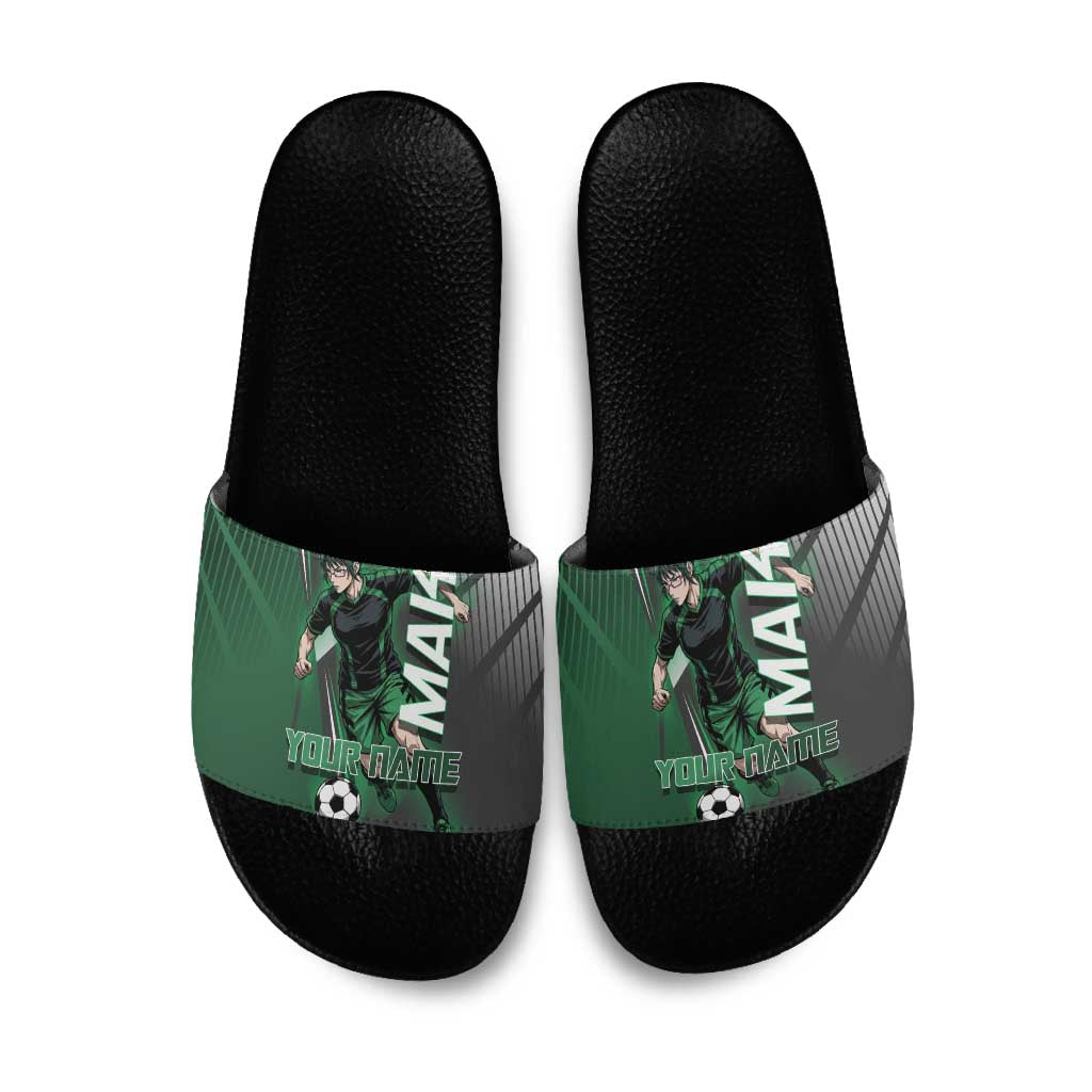 Personalized Maki Zenin Jujutsu Kaisen Slide Sandals Anime Soccer Design, Green Monochrome Action Pose