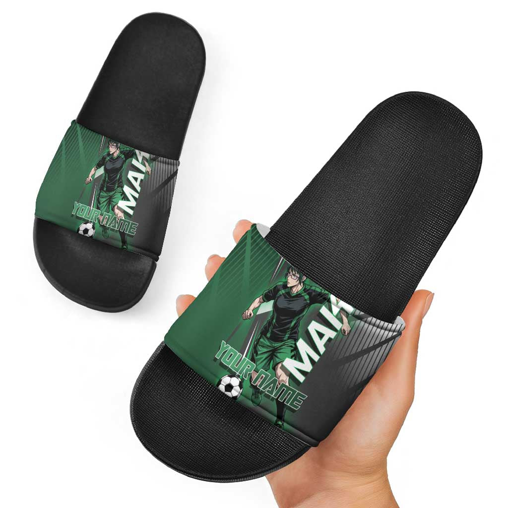 Personalized Maki Zenin Jujutsu Kaisen Slide Sandals Anime Soccer Design, Green Monochrome Action Pose
