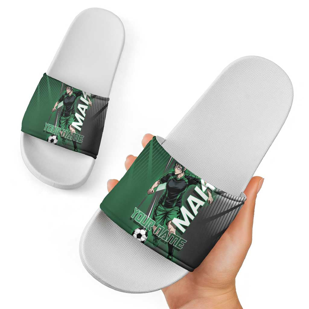 Personalized Maki Zenin Jujutsu Kaisen Slide Sandals Anime Soccer Design, Green Monochrome Action Pose