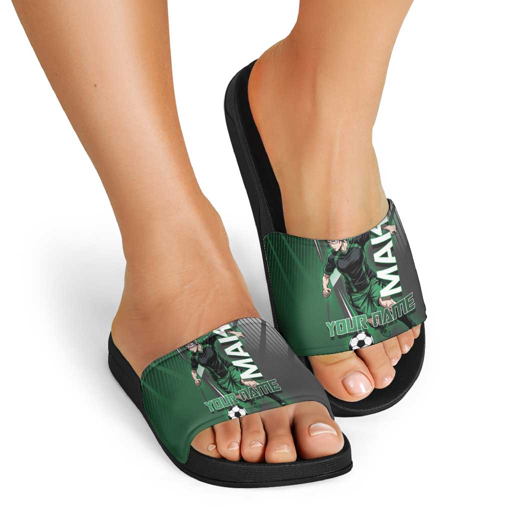 Personalized Maki Zenin Jujutsu Kaisen Slide Sandals Anime Soccer Design, Green Monochrome Action Pose