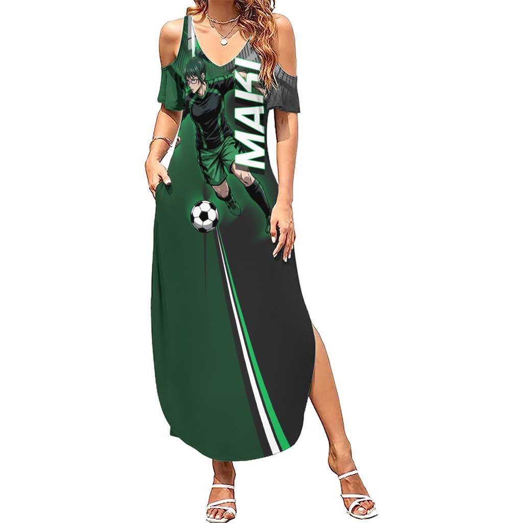 Personalized Maki Zenin Jujutsu Kaisen Summer Maxi Dress Anime Soccer Design, Green Monochrome Action Pose