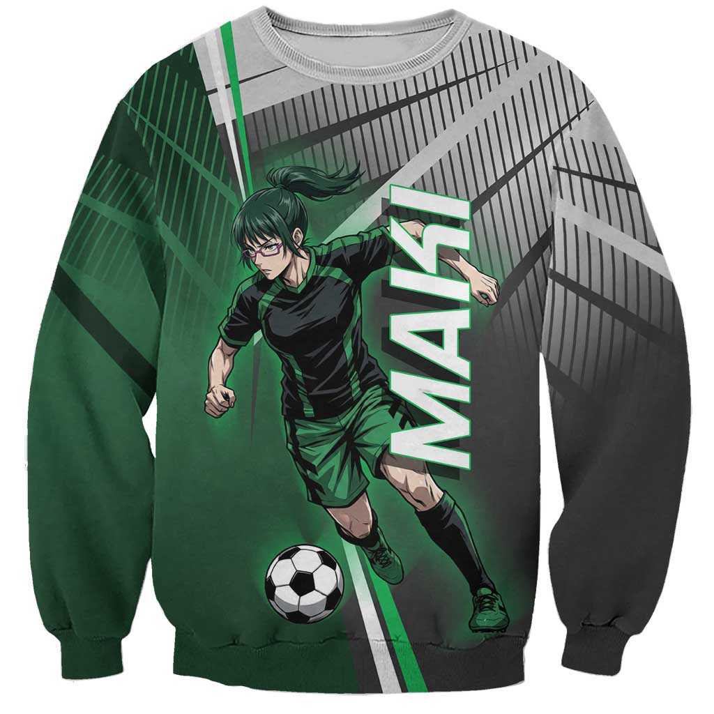 Personalized Maki Zenin Jujutsu Kaisen Sweatshirt Anime Soccer Design, Green Monochrome Action Pose