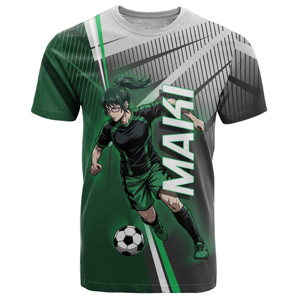 Personalized Maki Zenin Jujutsu Kaisen T Shirt Anime Soccer Design, Green Monochrome Action Pose