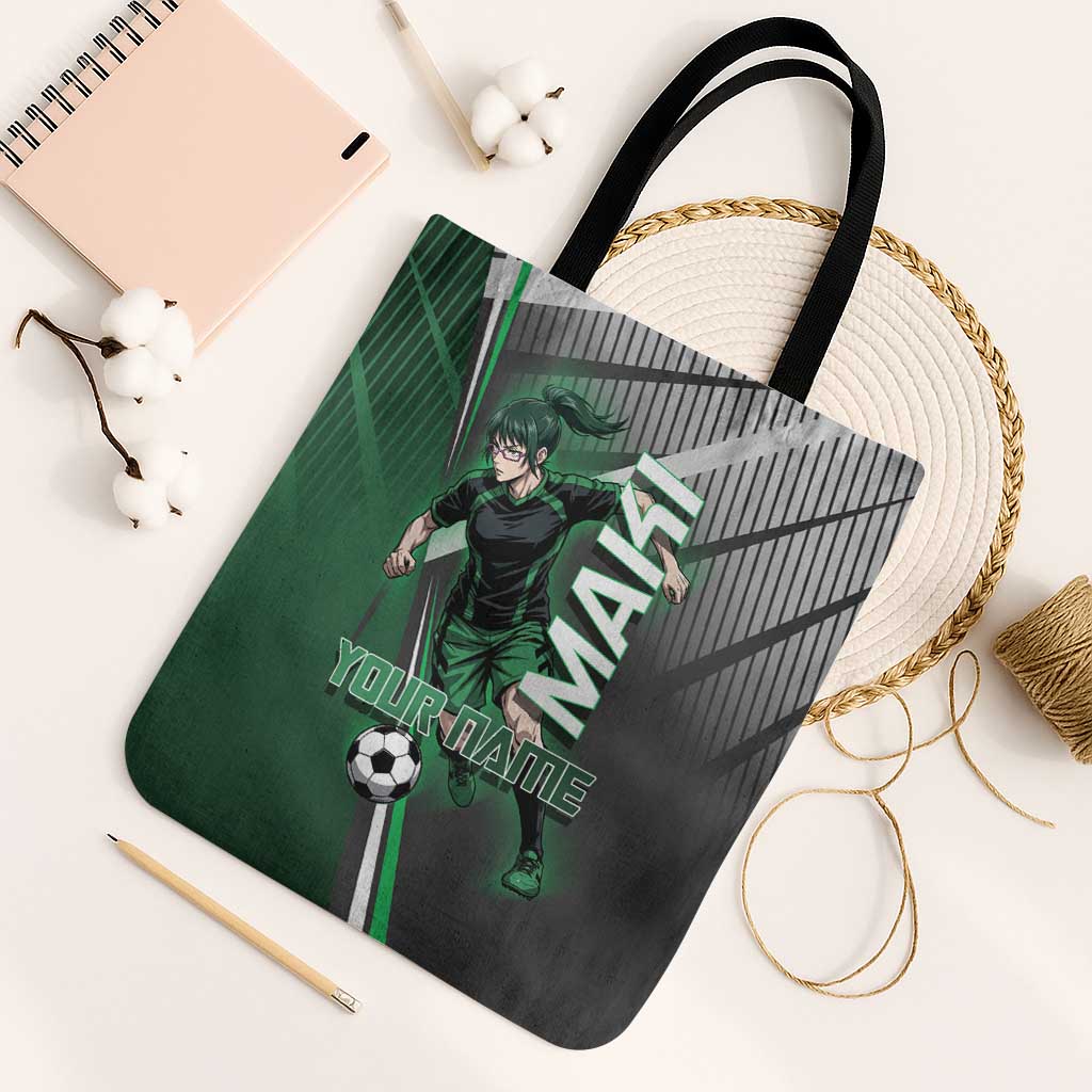 Personalized Maki Zenin Jujutsu Kaisen Tote Bag Anime Soccer Design, Green Monochrome Action Pose