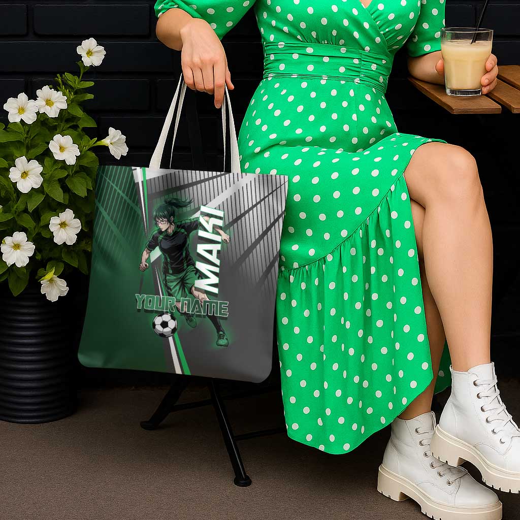 Personalized Maki Zenin Jujutsu Kaisen Tote Bag Anime Soccer Design, Green Monochrome Action Pose