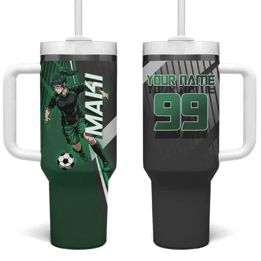 Personalized Maki Zenin Jujutsu Kaisen Tumbler With Handle Anime Soccer Design, Green Monochrome Action Pose