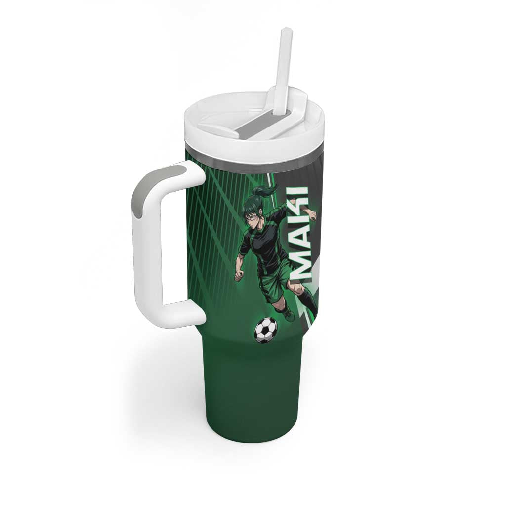 Personalized Maki Zenin Jujutsu Kaisen Tumbler With Handle Anime Soccer Design, Green Monochrome Action Pose