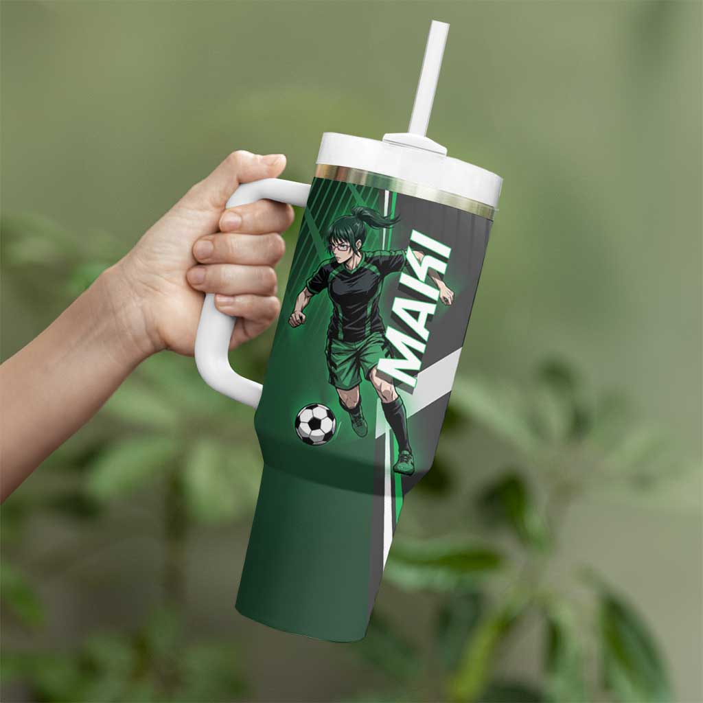 Personalized Maki Zenin Jujutsu Kaisen Tumbler With Handle Anime Soccer Design, Green Monochrome Action Pose