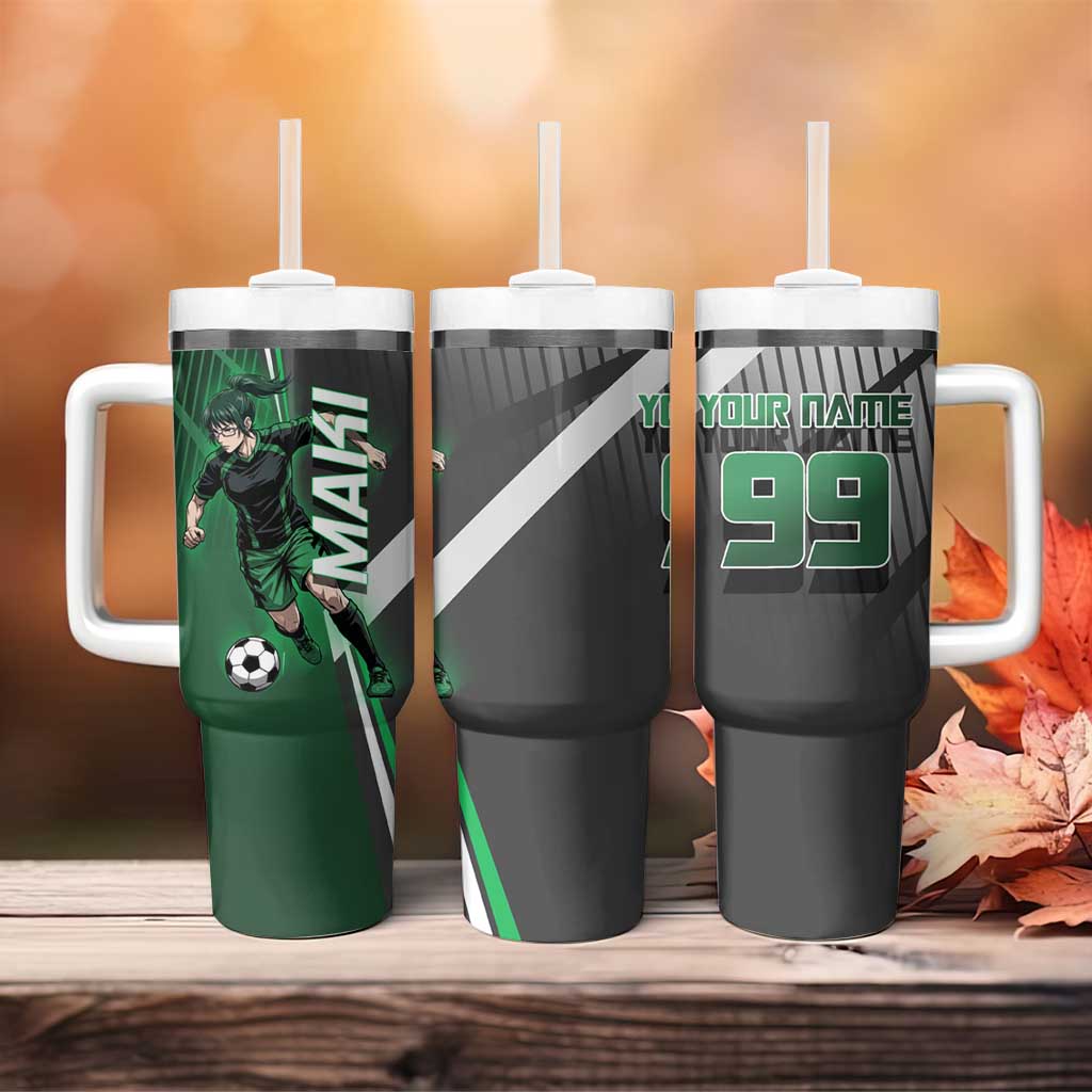 Personalized Maki Zenin Jujutsu Kaisen Tumbler With Handle Anime Soccer Design, Green Monochrome Action Pose