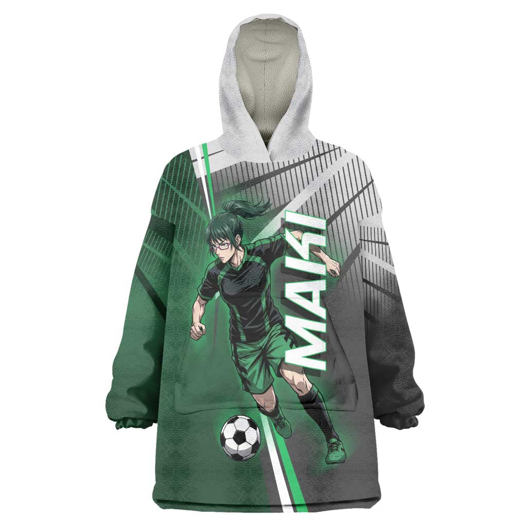 Personalized Maki Zenin Jujutsu Kaisen Wearable Blanket Hoodie Anime Soccer Design, Green Monochrome Action Pose