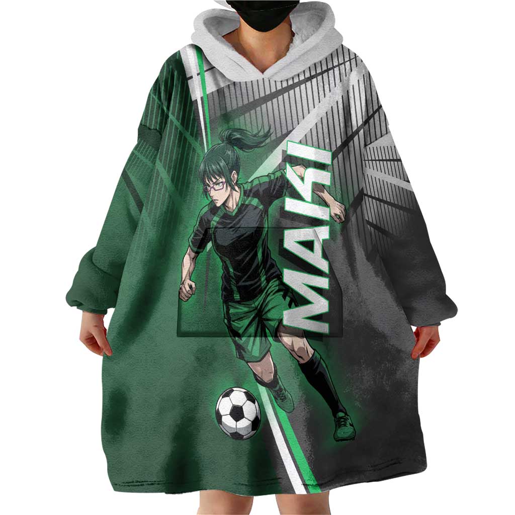 Personalized Maki Zenin Jujutsu Kaisen Wearable Blanket Hoodie Anime Soccer Design, Green Monochrome Action Pose