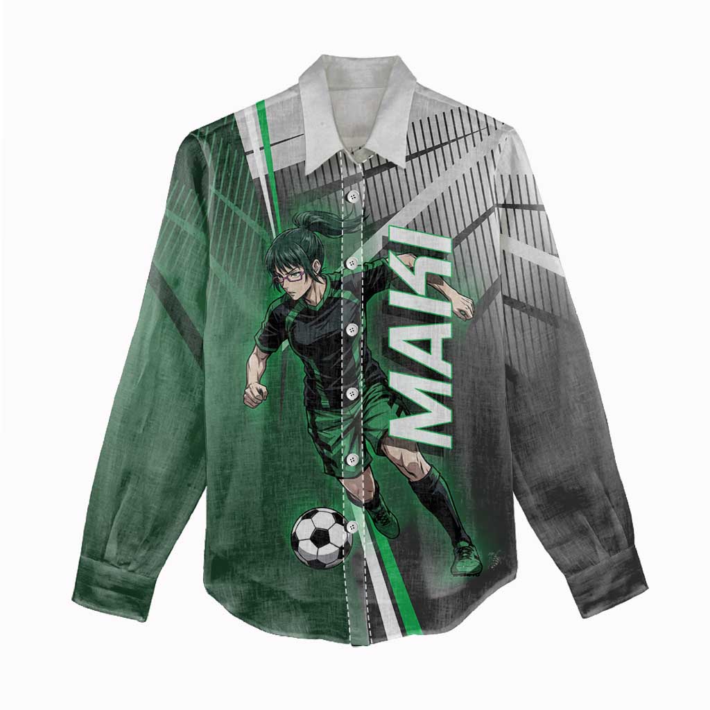 Personalized Maki Zenin Jujutsu Kaisen Women Casual Shirt Anime Soccer Design, Green Monochrome Action Pose