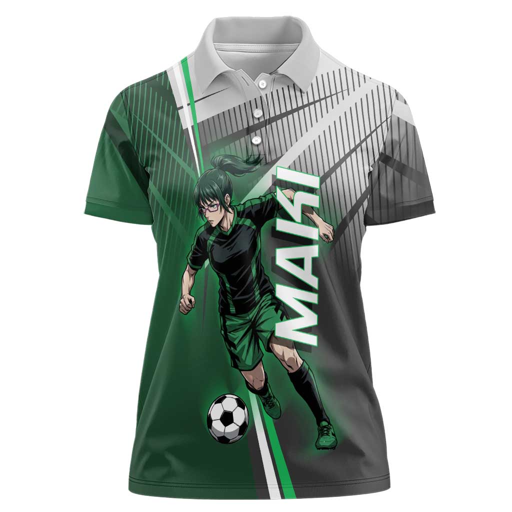 Personalized Maki Zenin Jujutsu Kaisen Women Polo Shirt Anime Soccer Design, Green Monochrome Action Pose