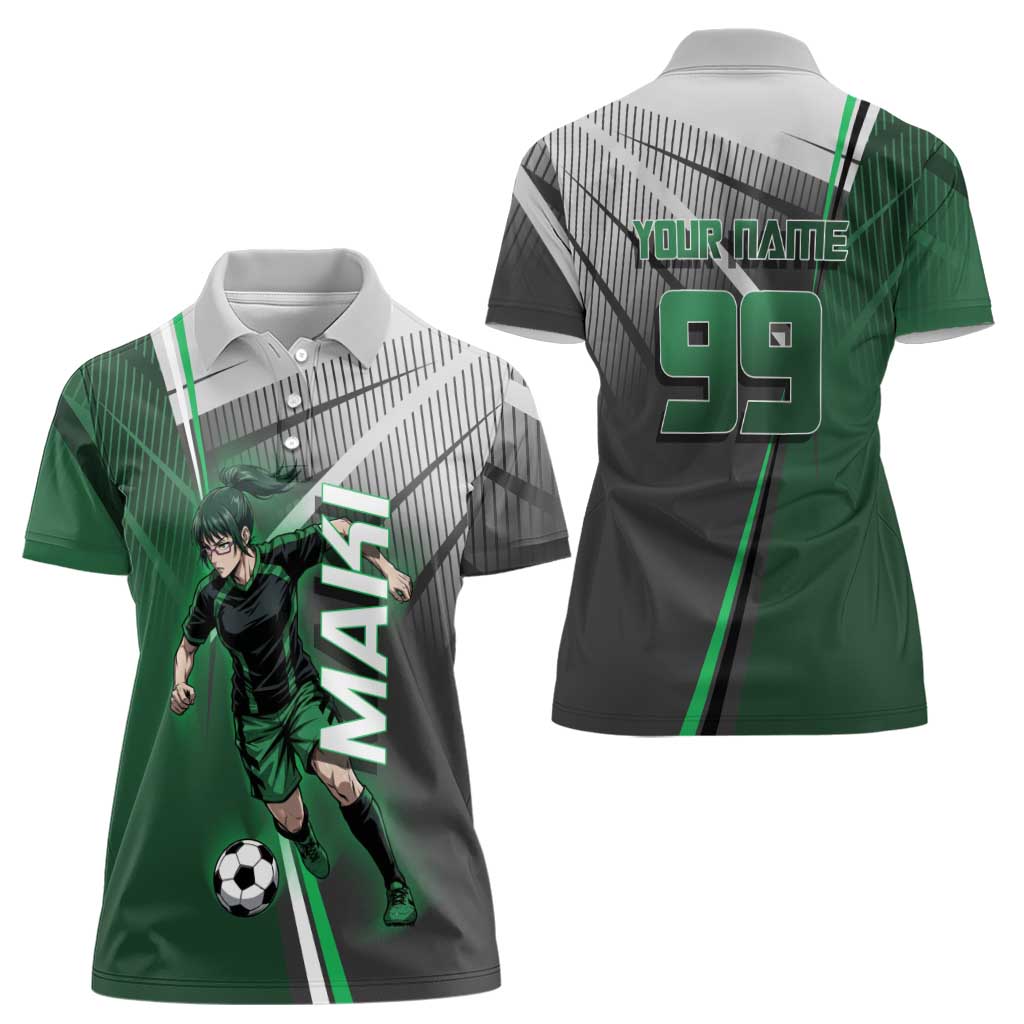 Personalized Maki Zenin Jujutsu Kaisen Women Polo Shirt Anime Soccer Design, Green Monochrome Action Pose