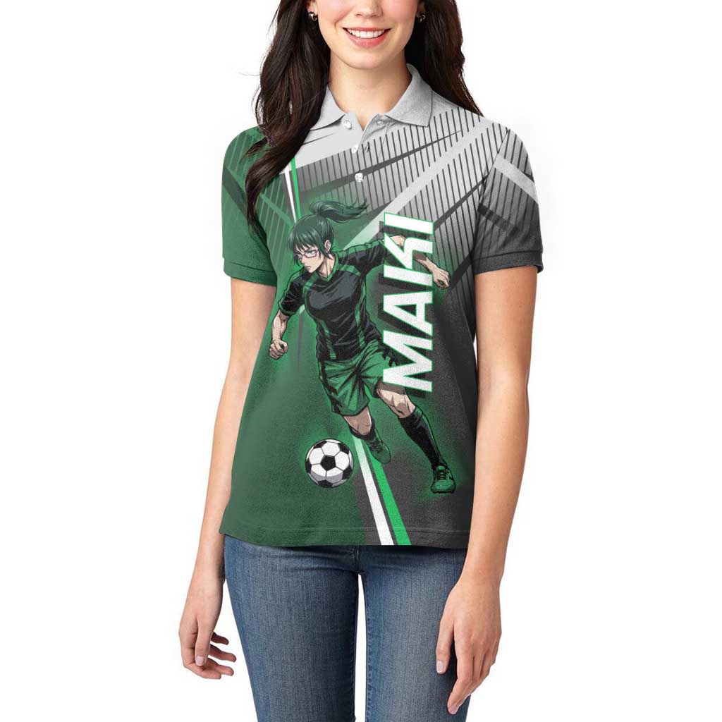 Personalized Maki Zenin Jujutsu Kaisen Women Polo Shirt Anime Soccer Design, Green Monochrome Action Pose