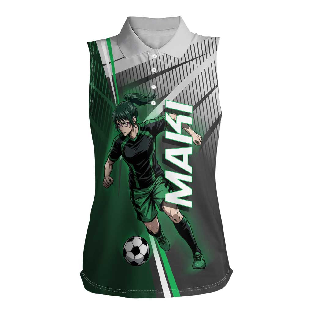 Personalized Maki Zenin Jujutsu Kaisen Women Sleeveless Polo Shirt Anime Soccer Design, Green Monochrome Action Pose