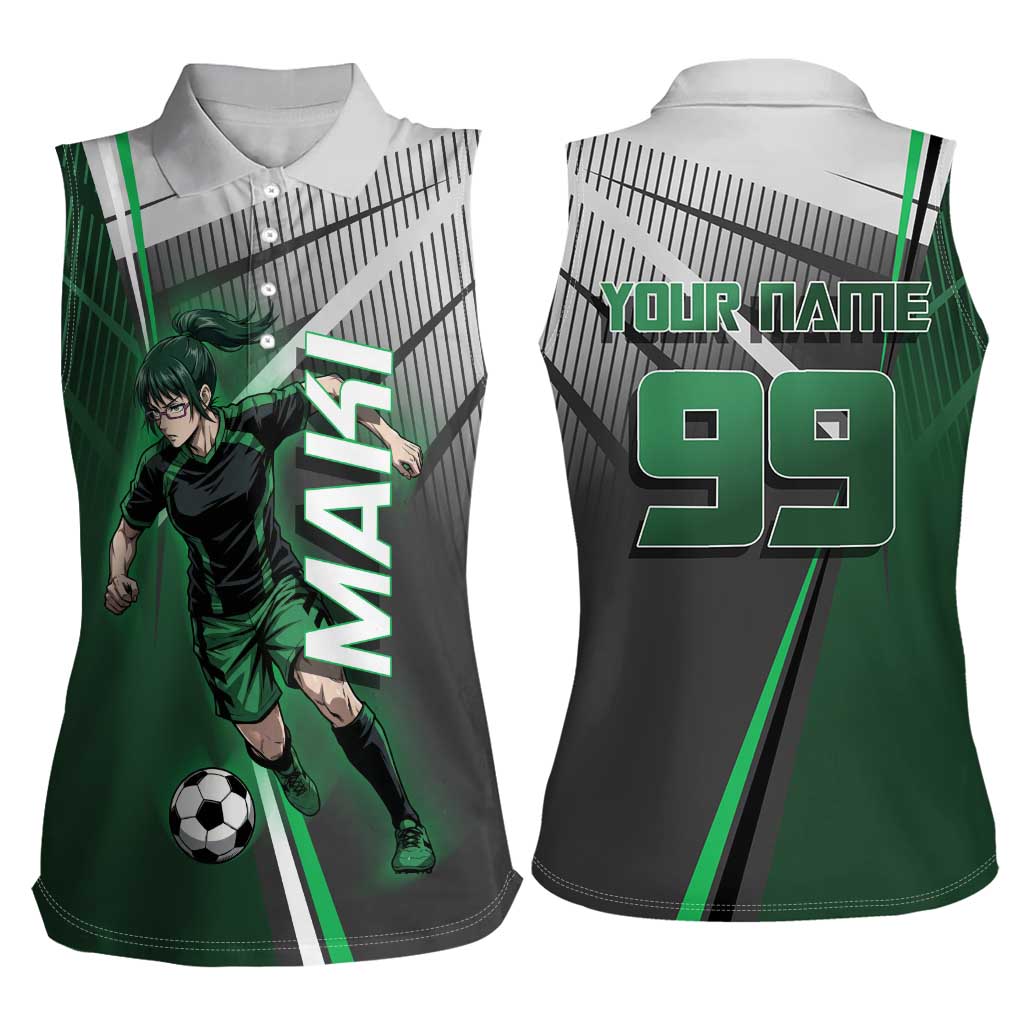 Personalized Maki Zenin Jujutsu Kaisen Women Sleeveless Polo Shirt Anime Soccer Design, Green Monochrome Action Pose