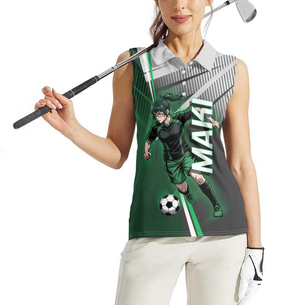 Personalized Maki Zenin Jujutsu Kaisen Women Sleeveless Polo Shirt Anime Soccer Design, Green Monochrome Action Pose