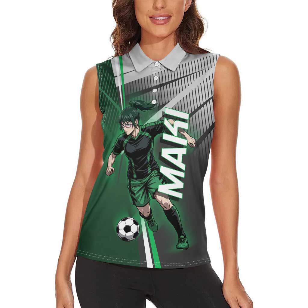 Personalized Maki Zenin Jujutsu Kaisen Women Sleeveless Polo Shirt Anime Soccer Design, Green Monochrome Action Pose