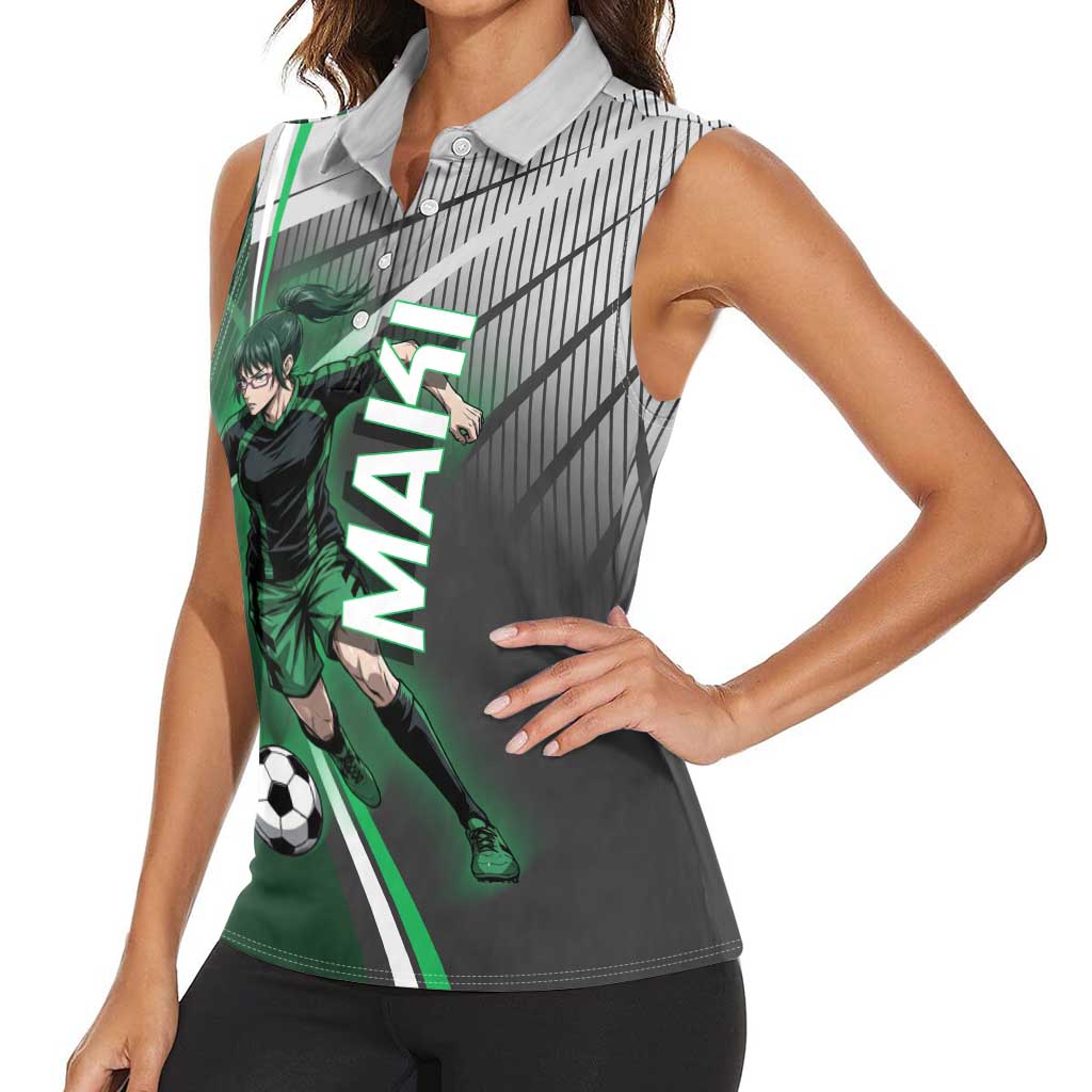 Personalized Maki Zenin Jujutsu Kaisen Women Sleeveless Polo Shirt Anime Soccer Design, Green Monochrome Action Pose