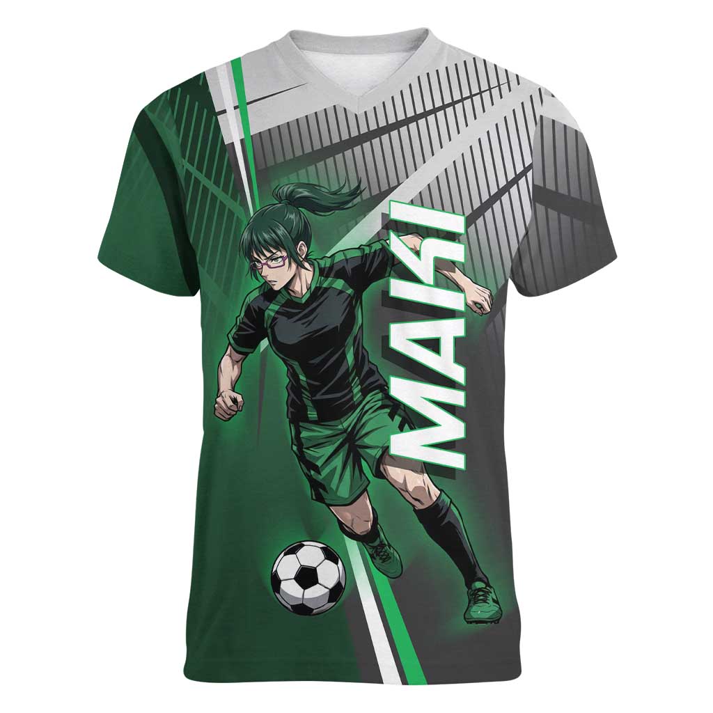 Personalized Maki Zenin Jujutsu Kaisen Women V-Neck T-Shirt Anime Soccer Design, Green Monochrome Action Pose