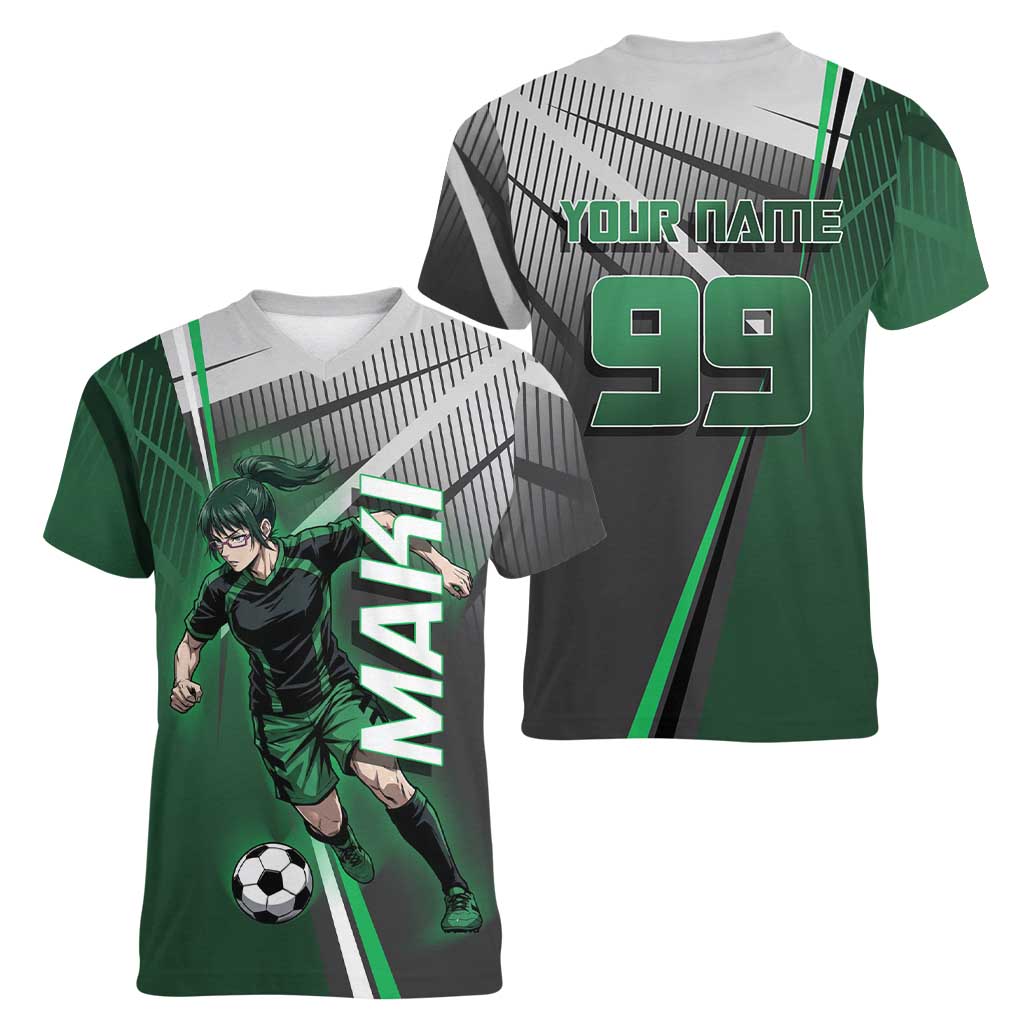 Personalized Maki Zenin Jujutsu Kaisen Women V-Neck T-Shirt Anime Soccer Design, Green Monochrome Action Pose