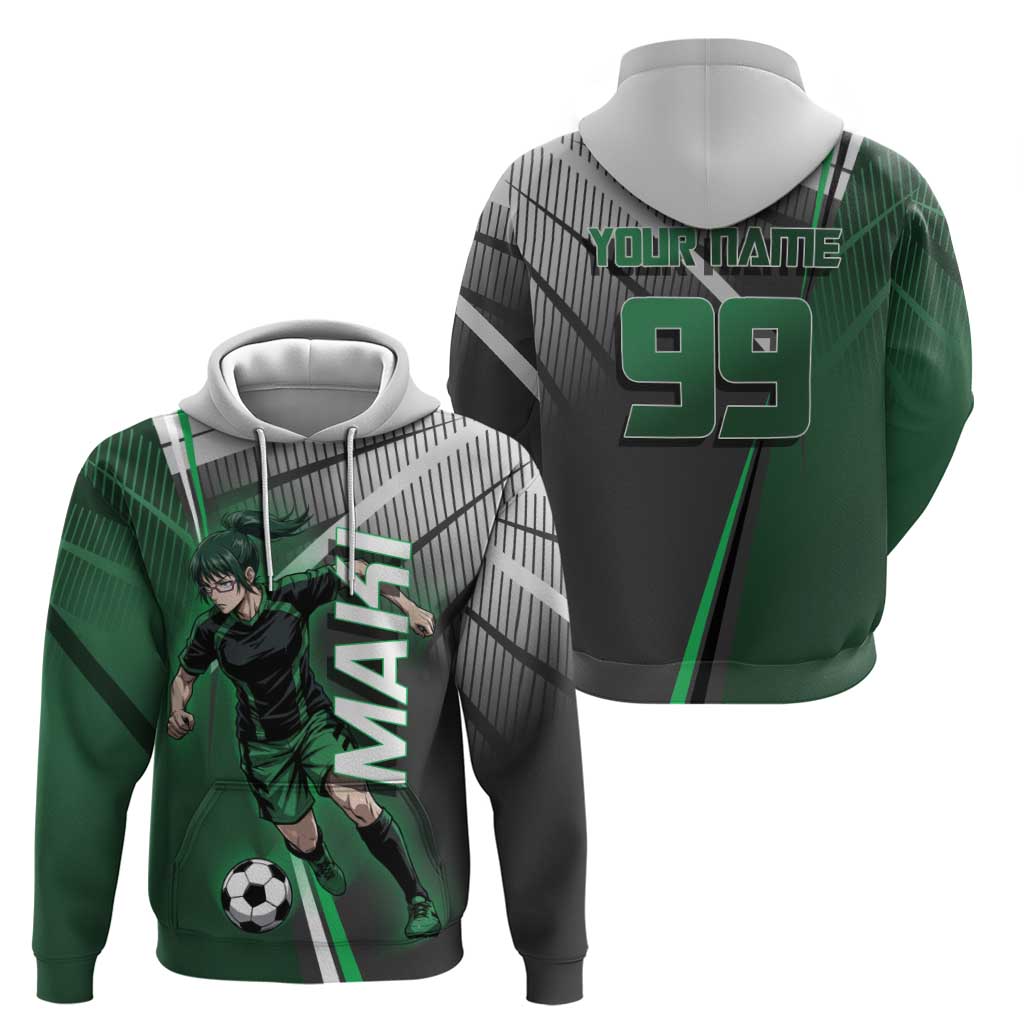 Personalized Maki Zenin Jujutsu Kaisen Zip Hoodie Anime Soccer Design, Green Monochrome Action Pose