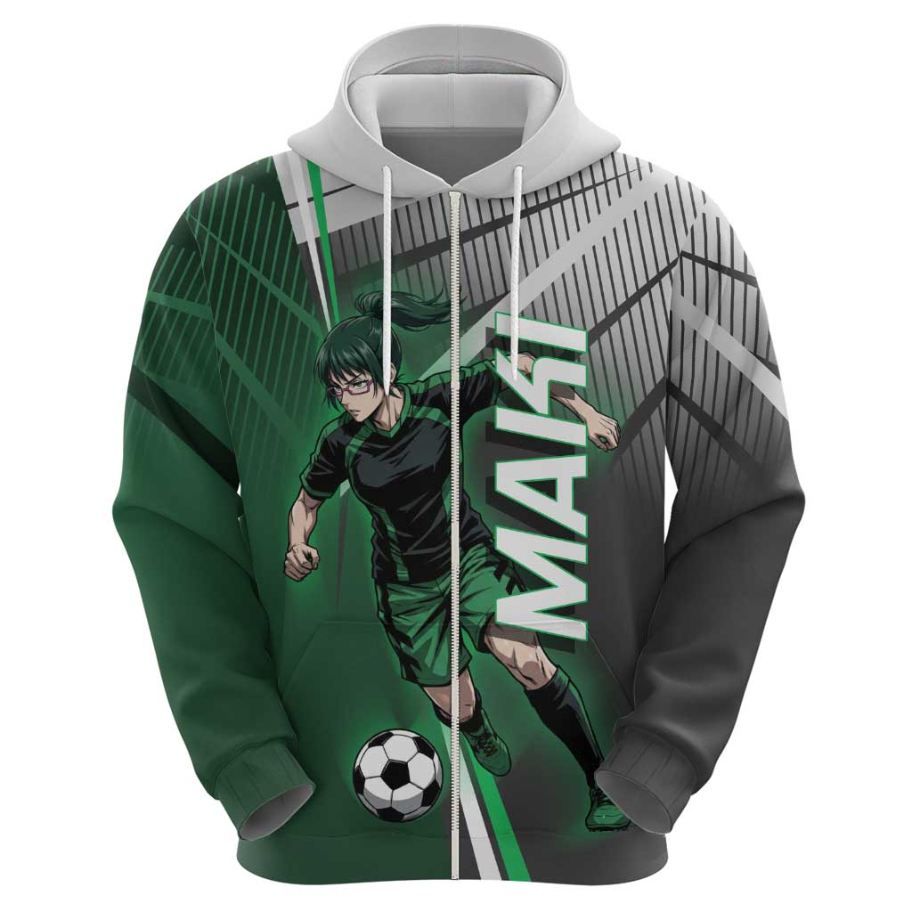 Personalized Maki Zenin Jujutsu Kaisen Zip Hoodie Anime Soccer Design, Green Monochrome Action Pose