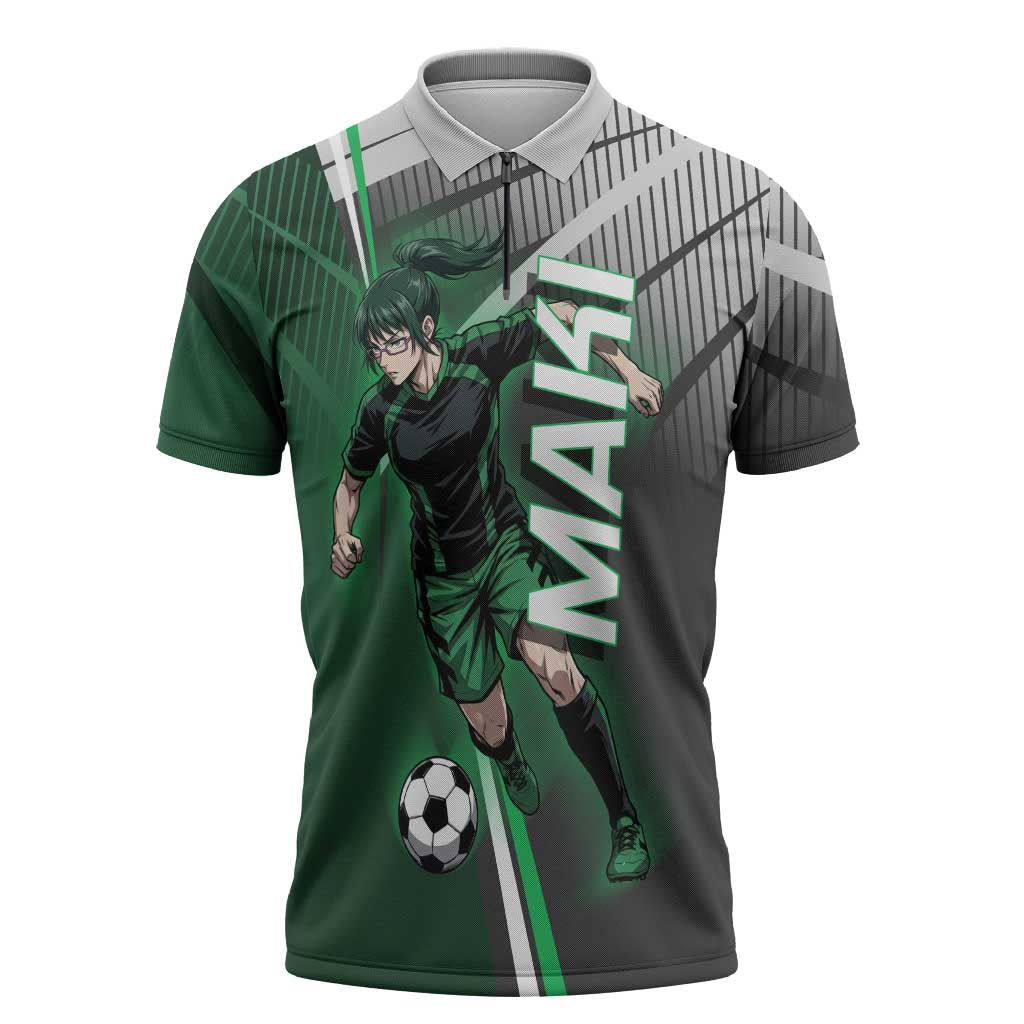 Personalized Maki Zenin Jujutsu Kaisen Zipper Polo Shirt Anime Soccer Design, Green Monochrome Action Pose
