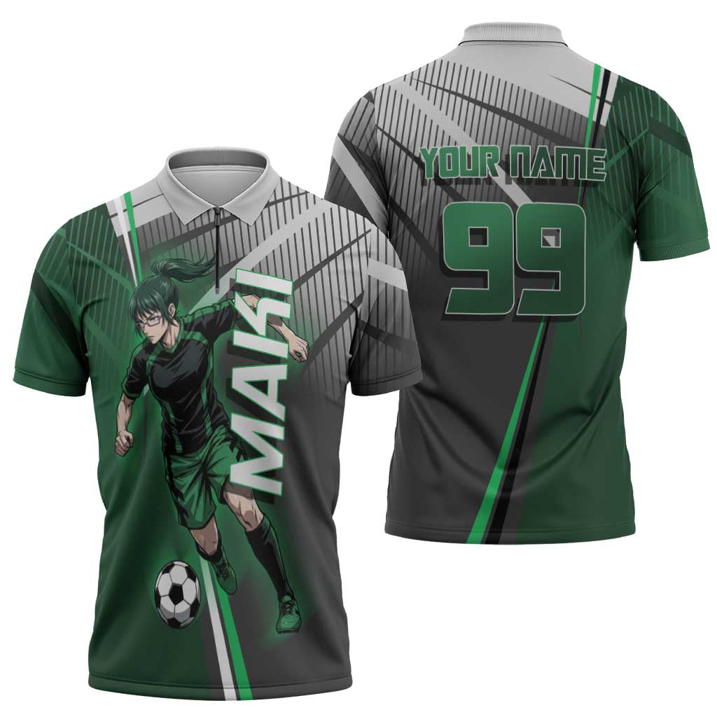 Personalized Maki Zenin Jujutsu Kaisen Zipper Polo Shirt Anime Soccer Design, Green Monochrome Action Pose