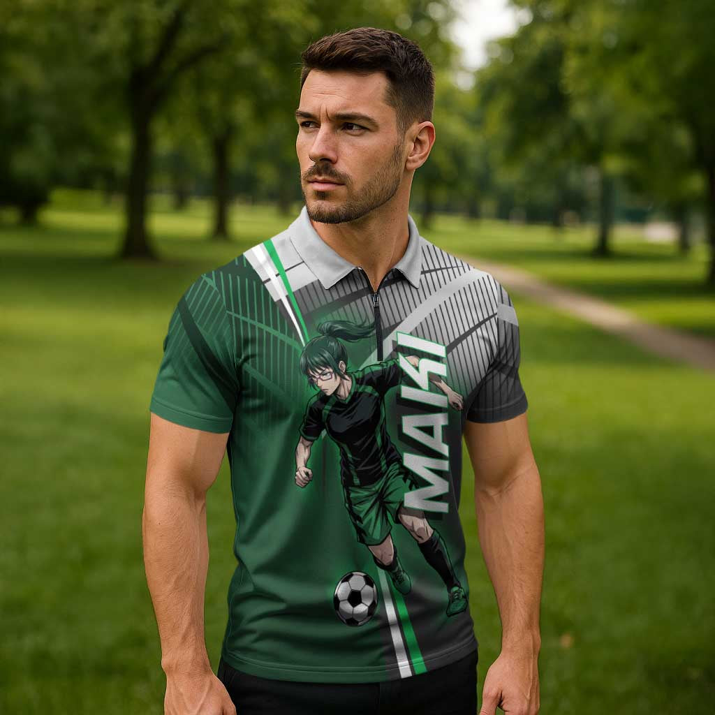 Personalized Maki Zenin Jujutsu Kaisen Zipper Polo Shirt Anime Soccer Design, Green Monochrome Action Pose