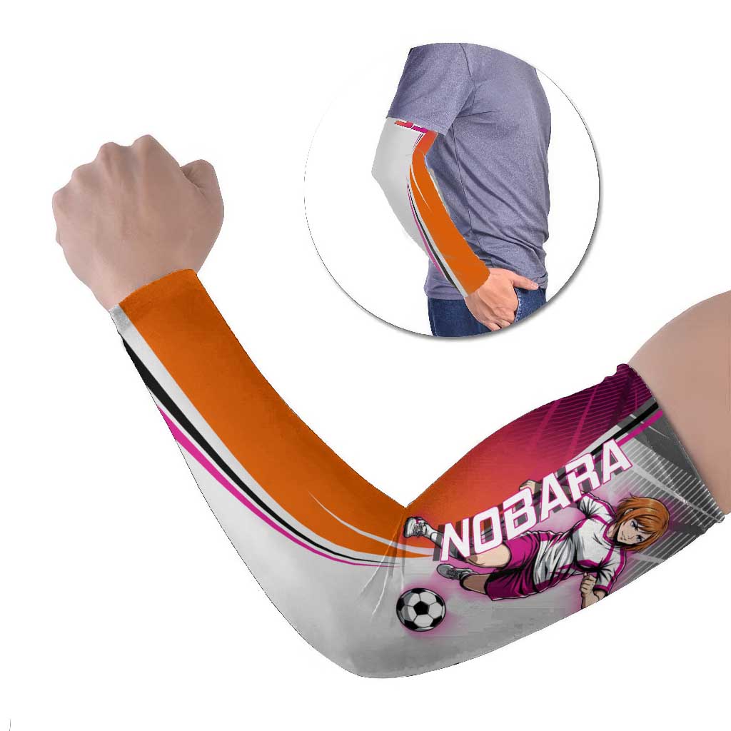 Personalized Nobara Kugisaki Jujutsu Kaisen Arm Sleeves with Pink Orange Gradient and Action Kick Pose