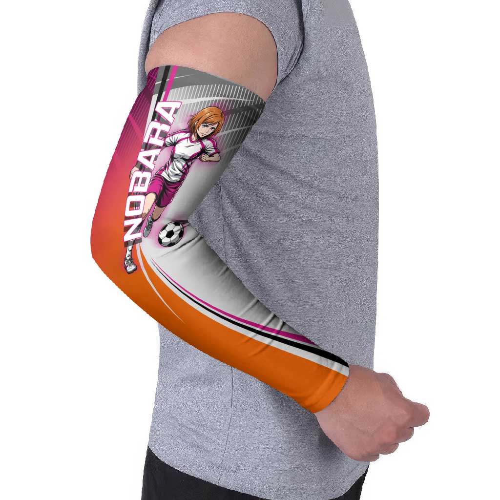 Personalized Nobara Kugisaki Jujutsu Kaisen Arm Sleeves with Pink Orange Gradient and Action Kick Pose