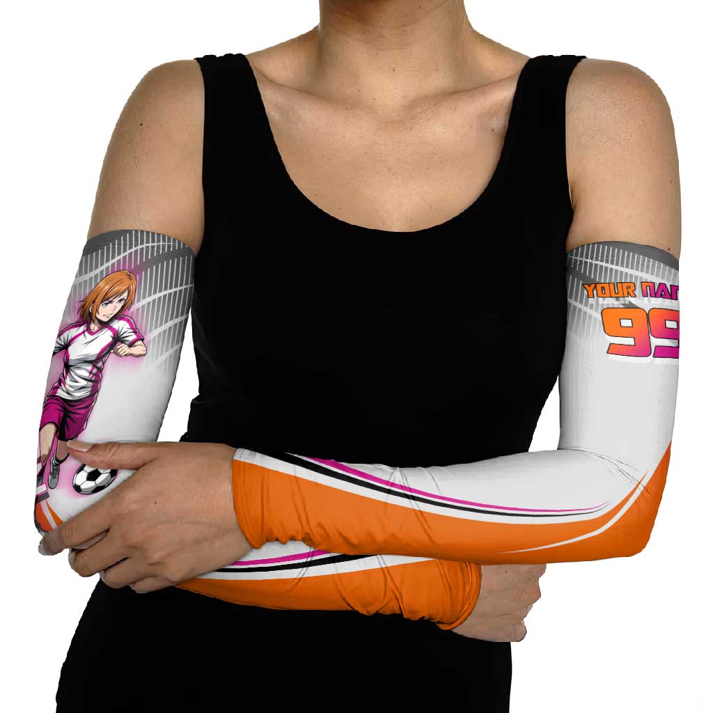 Personalized Nobara Kugisaki Jujutsu Kaisen Arm Sleeves with Pink Orange Gradient and Action Kick Pose