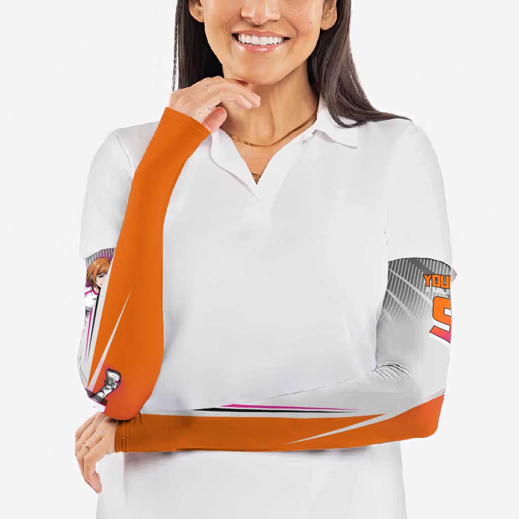 Personalized Nobara Kugisaki Jujutsu Kaisen Arm Sleeves with Pink Orange Gradient and Action Kick Pose