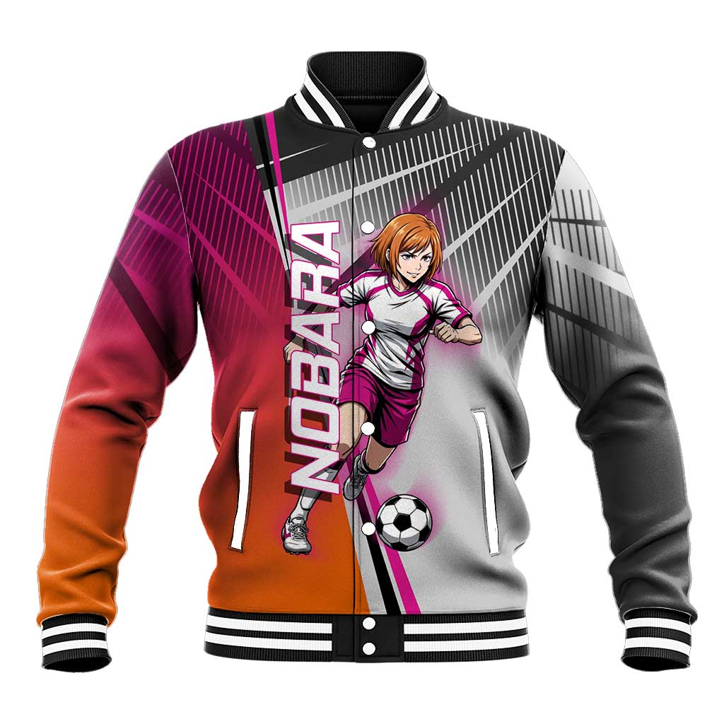 Personalized Nobara Kugisaki Jujutsu Kaisen Baseball Jacket with Pink Orange Gradient and Action Kick Pose
