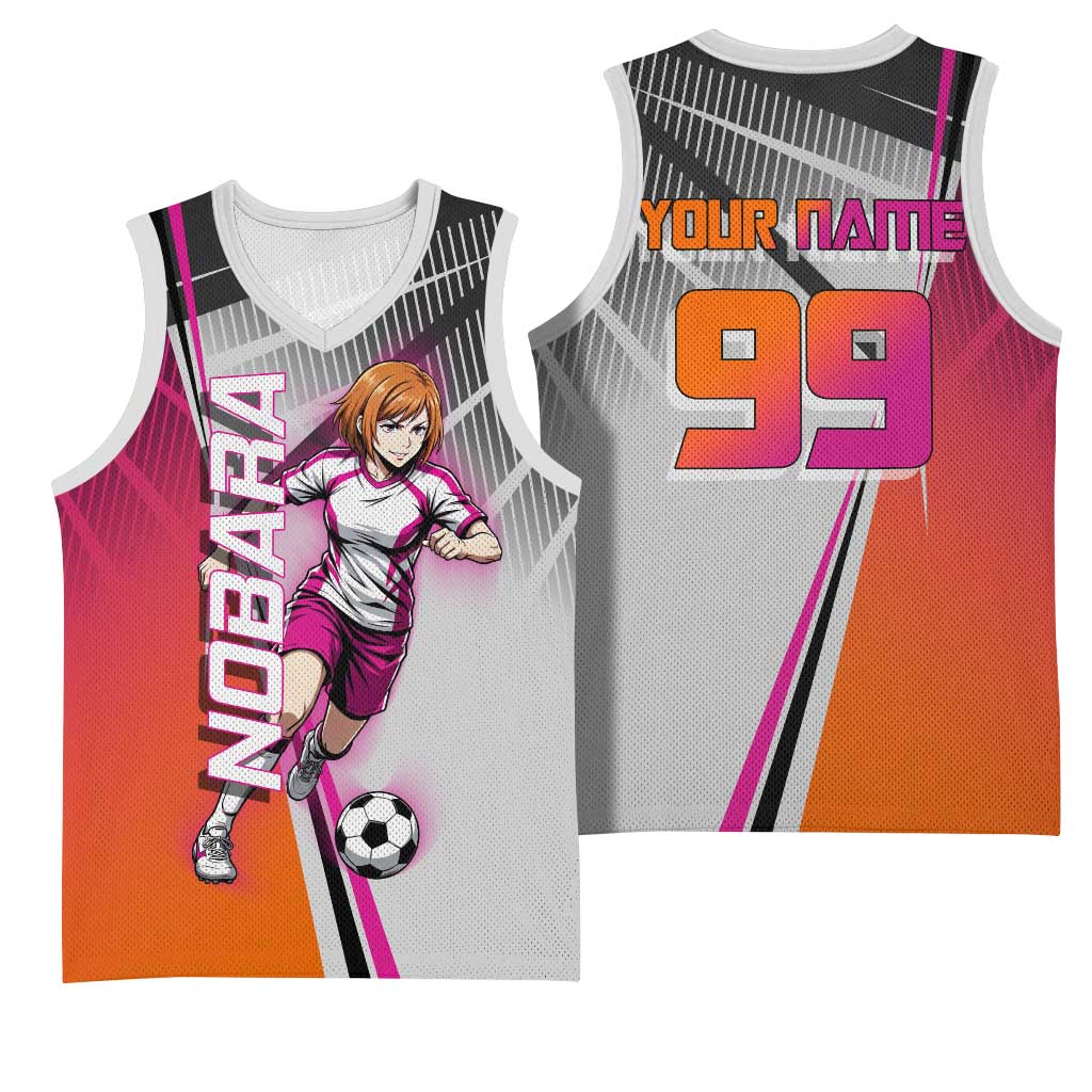 Personalized Nobara Kugisaki Jujutsu Kaisen Basketball Jersey with Pink Orange Gradient and Action Kick Pose