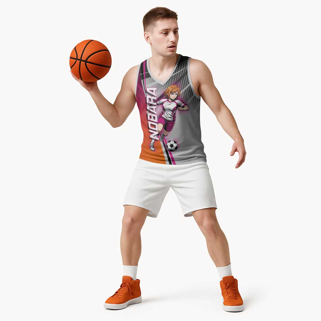 Personalized Nobara Kugisaki Jujutsu Kaisen Basketball Jersey with Pink Orange Gradient and Action Kick Pose